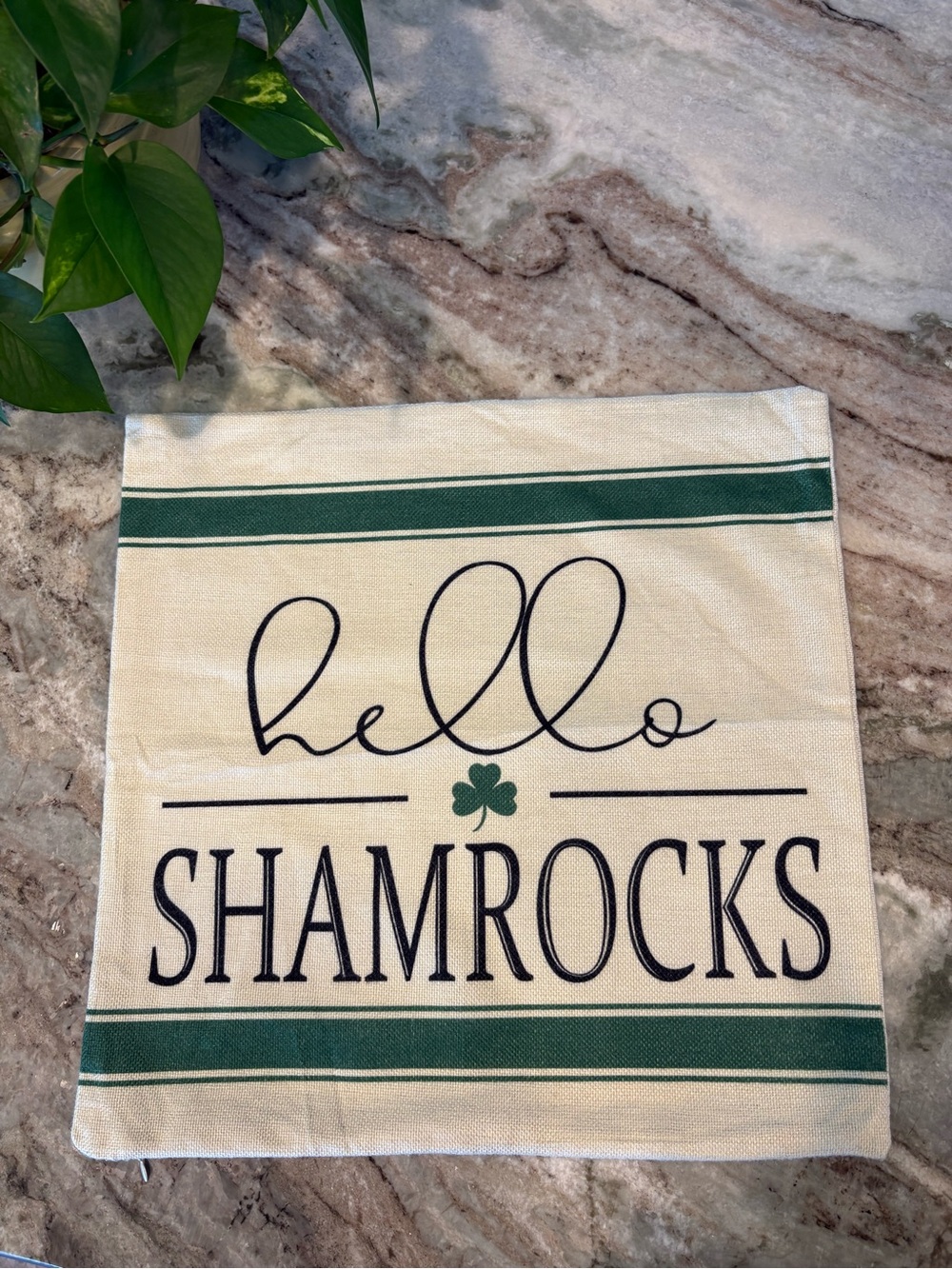 18x18 Hello Shamrocks & green and cream striped canvas pillow covers